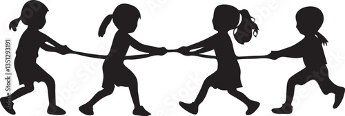 Black flat silhouette vector icon, A group of children playing tug of war