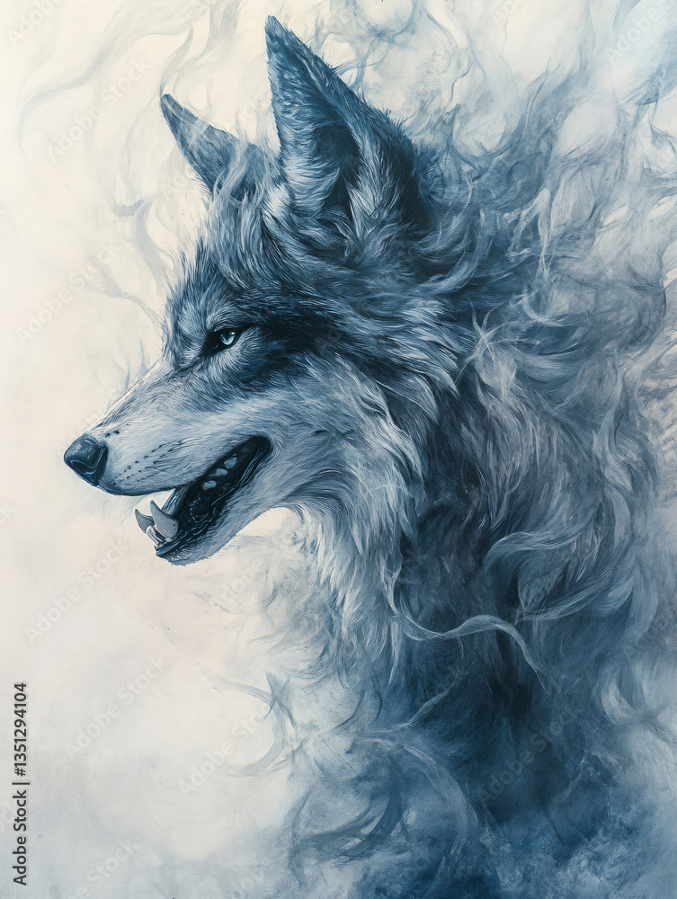 Fototapeta Wolf head painting in black. Solitary Spirit in Brushstrokes. 