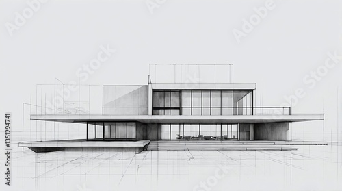 Architectural Sketch: Modern Building Design, Line Art, Blueprint Style, Conceptual