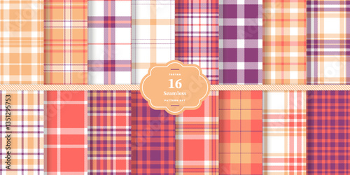 Modern Seamless Tartan featuring Cream Bisque and Warm Tangerine Fabric Design Set of 16
