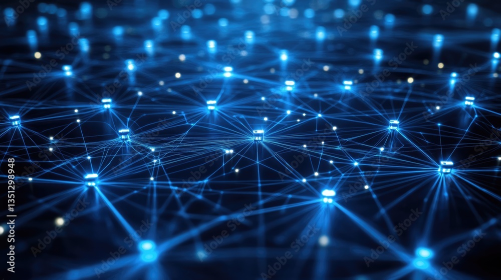 Abstract representation of a digital network with glowing blue connections and nodes in a dark background Abstract representation of a digital network with glowing blue connections and nodes in a dark background
