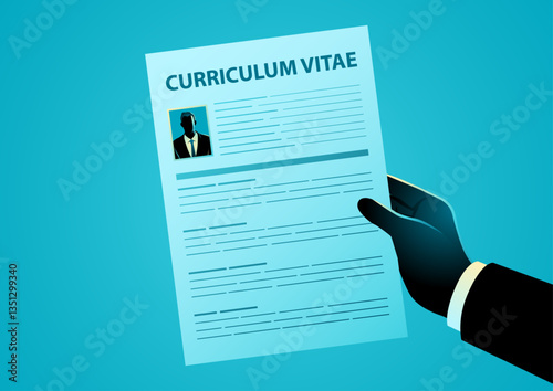 Illustration of a businessman’s hand holding a curriculum vitae document. Represents job application, hiring process, recruitment, professional resume, career opportunities, and employment search