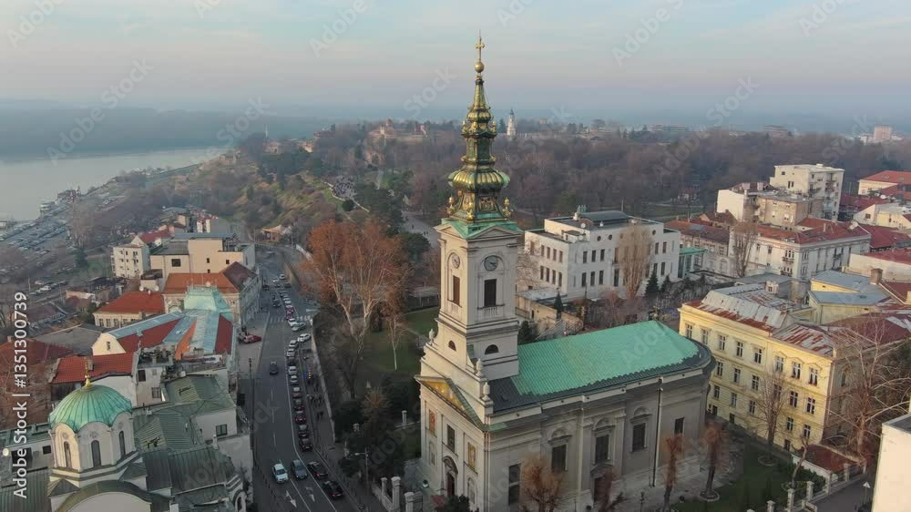 Aerial around view of St. Michael Cathedral in Belgrade downtown, Serbian church, 4k Aerial around view of St. Michael Cathedral in Belgrade downtown, Serbian church, 4k