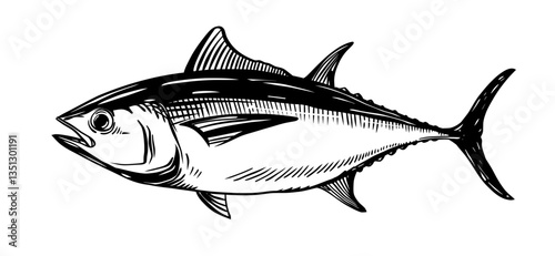 Hand-drawn tuna fish illustration. Black and white sketch with detailed lines