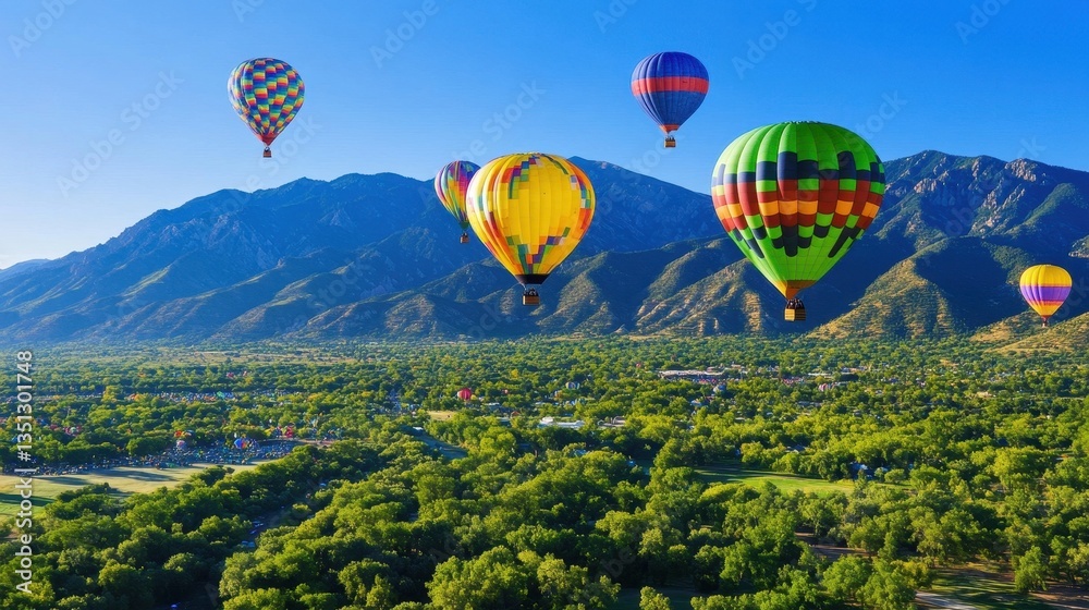 Fototapeta premium Vibrant hot air balloons soar over lush green landscapes and mountains, creating a picturesque scene in a clear blue sky.