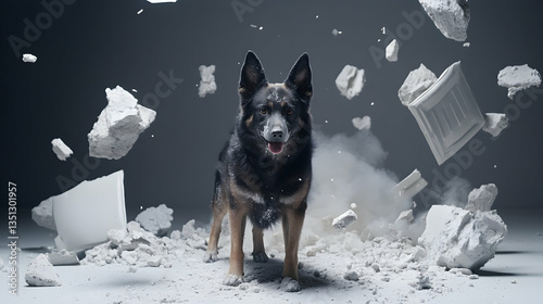 German Shepherd dog amidst exploding debris, studio shot, powerful image for advertising