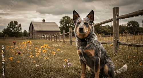 Dog Sitting in Field with Flowers and Barn in Background