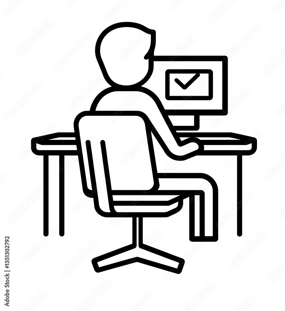 Fototapeta premium Simple line vector icon of a person sitting at a desk, working on a computer