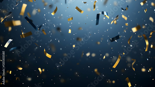 Gold and black confetti falling on a dark blue background, ideal for celebratory events or party invitations