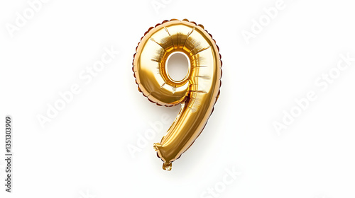 Gold number nine foil balloon, celebration, white background, party