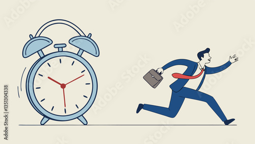 Businessman rushing with a briefcase while a large alarm clock ticks, symbolizing time management, deadline pressure, urgency, stress, and productivity in a modern flat illustration style"
