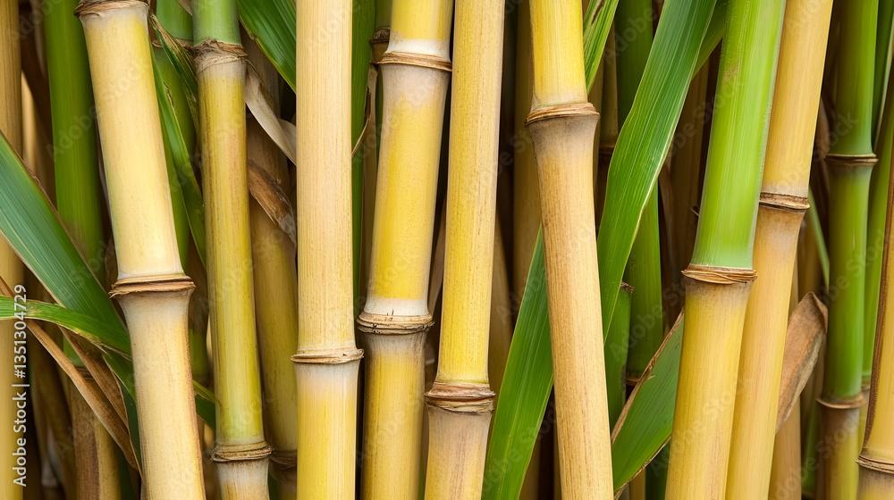 Obraz premium Golden bamboo stalks and leaves, close-up texture, natural background, perfect for design or wallpaper