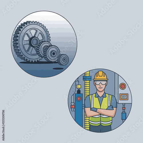 2d vector illustration colorful machine , worker and Industry and its development technology, factories and production lines icon
