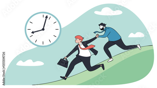 Businessman rushing with a briefcase while a large alarm clock ticks, symbolizing time management, deadline pressure, urgency, stress, and productivity in a modern flat illustration style"
