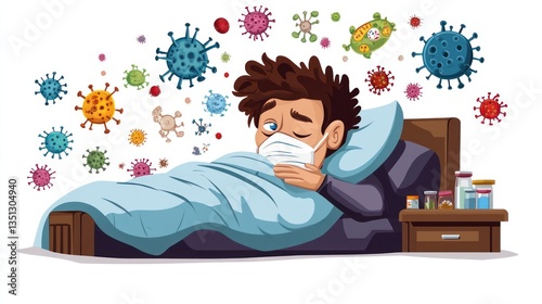Sick boy in bed, viruses surround him, medication nearby, illness concept