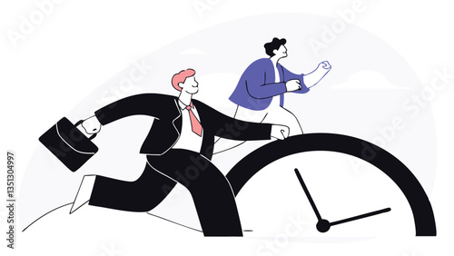 Businessman rushing with a briefcase while a large alarm clock ticks, symbolizing time management, deadline pressure, urgency, stress, and productivity in a modern flat illustration style"
