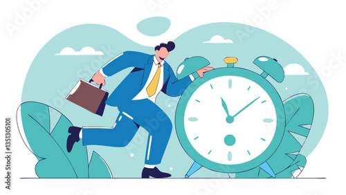 Businessman rushing with a briefcase while a large alarm clock ticks, symbolizing time management, deadline pressure, urgency, stress, and productivity in a modern flat illustration style"
