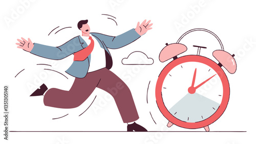 Businessman rushing with a briefcase while a large alarm clock ticks, symbolizing time management, deadline pressure, urgency, stress, and productivity in a modern flat illustration style"
