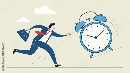 Businessman rushing with a briefcase while a large alarm clock ticks, symbolizing time management, deadline pressure, urgency, stress, and productivity in a modern flat illustration style"

