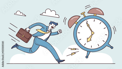 Businessman rushing with a briefcase while a large alarm clock ticks, symbolizing time management, deadline pressure, urgency, stress, and productivity in a modern flat illustration style"
