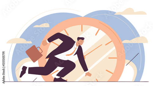 Businessman rushing with a briefcase while a large alarm clock ticks, symbolizing time management, deadline pressure, urgency, stress, and productivity in a modern flat illustration style"
