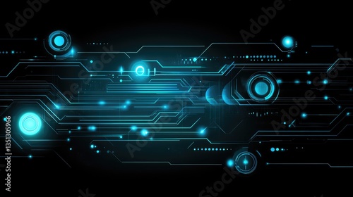 Futuristic digital background featuring glowing blue circuits and abstract shapes in a dark environment