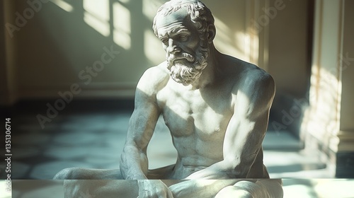 Ancient statue, seated, museum, sunlight photo