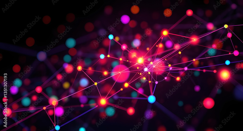 Obraz premium Abstract network visualization, interconnected nodes and lines, colorful glowing particles
