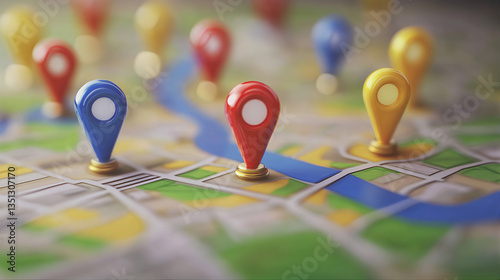 Gps map with pin, Colorful push pins, Gps location pointer pin on Google map. Red push pin on map. Red pointer on a map.