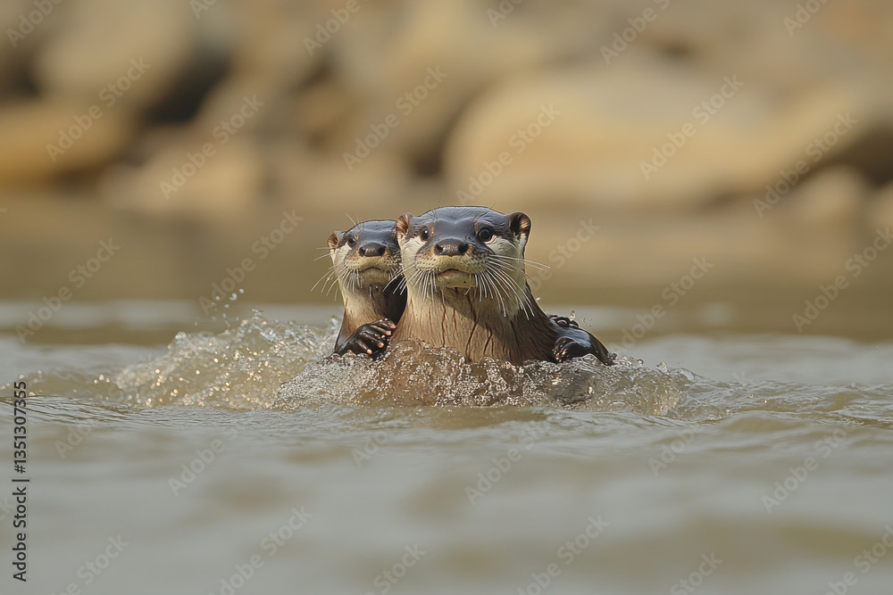Fototapeta premium Two otters swimming side by side in a river, surrounded by rocks and water.