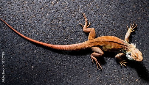 Lizard on a asphalt top view 