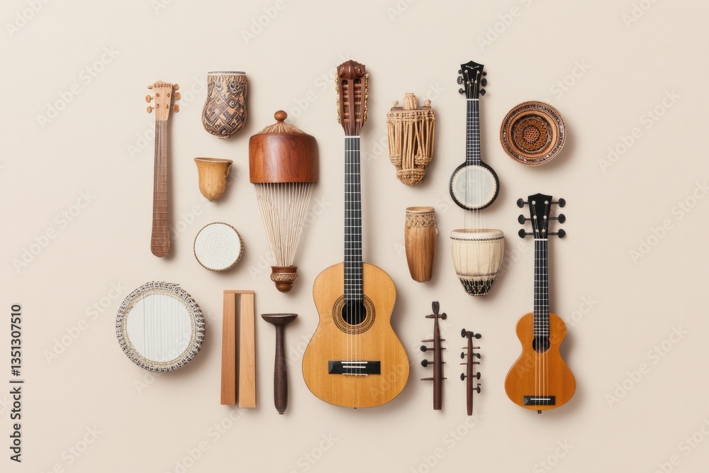 Fototapeta premium diverse assemblage of traditional musical instruments from various cultures displayed artistically against neutral