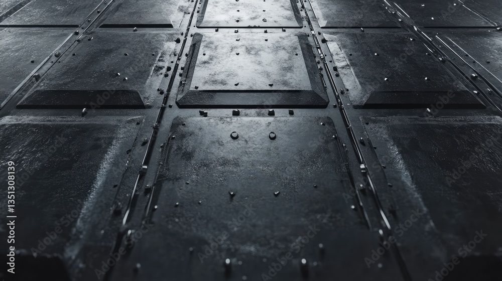 Close-up view of a textured metallic surface with rivets and reflections, showcasing industrial design elements Close-up view of a textured metallic surface with rivets and reflections, showcasing industrial design elements