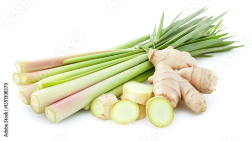 Fresh lemongrass and ginger on white background; healthy cooking