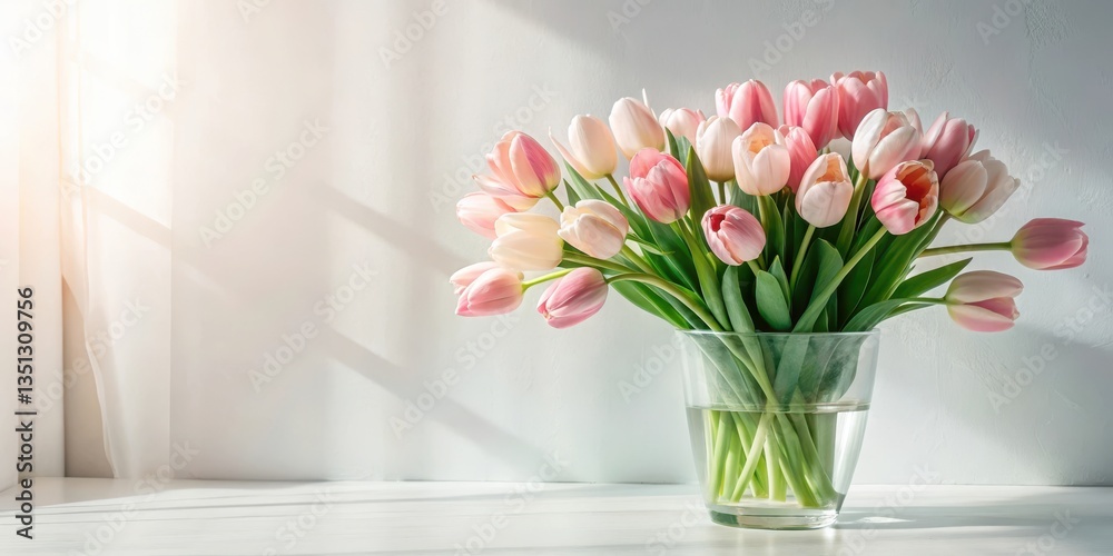 A delicate bouquet of pastel pink and cream tulips arranged in a clear glass vase, bathed in soft sunlight near a sheer window curtain. A delicate bouquet of pastel pink and cream tulips arranged in a clear glass vase, bathed in soft sunlight near a sheer window curtain.