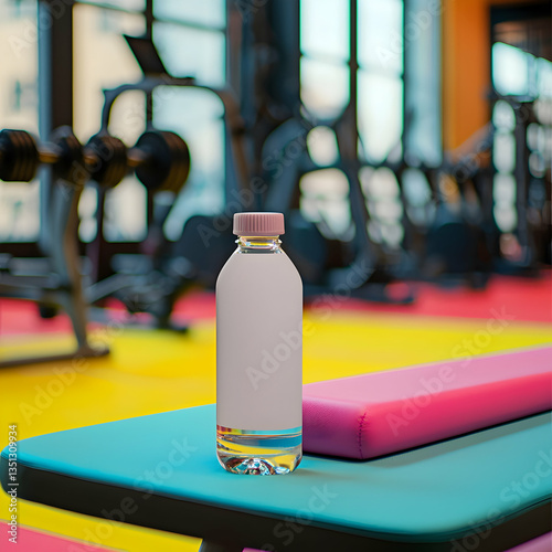 Diagonal angle of a blank water bottle displayed on a vibrant gym bench with equipment.