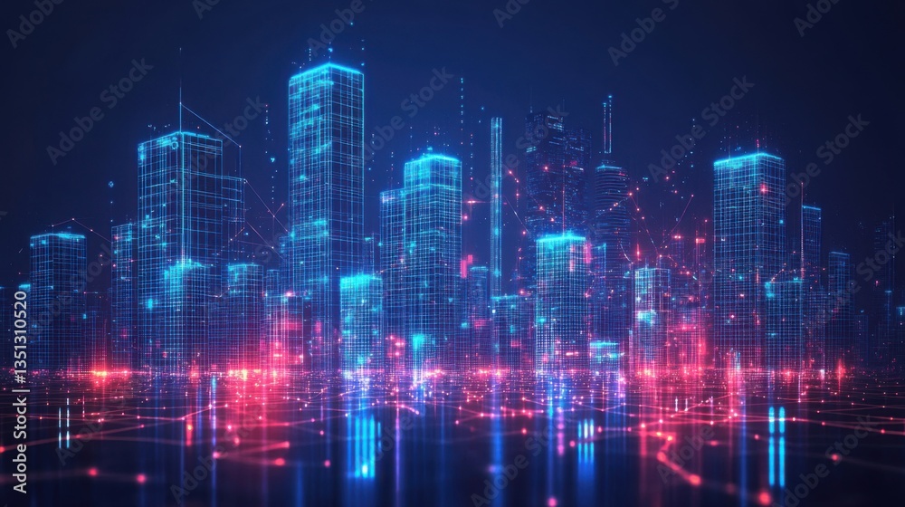 Bright city skyline glows with network connections. Digital cityscape with towers and red nodes form a futuristic technology background. Light streaks reflect on the surface. Bright city skyline glows with network connections. Digital cityscape with towers and red nodes form a futuristic technology background. Light streaks reflect on the surface.