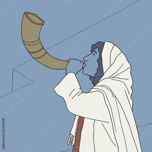 Man Blowing the Shofar in Prayer – Traditional Jewish Worship Scene