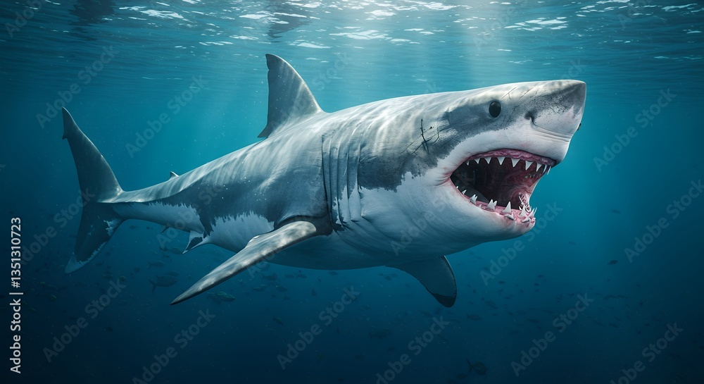 Naklejka premium Great White Shark Swimming Underwater with Open Mouth