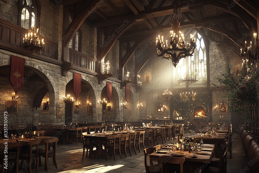 Medieval Castle Dining Hall Interior with Rustic Tables and Chandeliers Medieval Castle Dining Hall Interior with Rustic Tables and Chandeliers