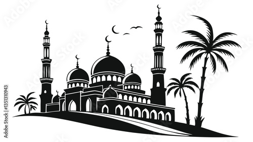 AdobIslamic Mosque with Minarets and Palm Trees – Black and White Vector Illustration