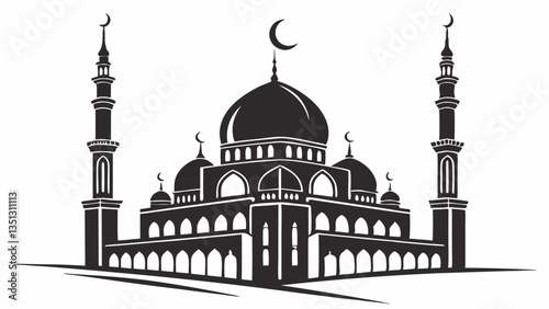 AdobIslamic Mosque with Minarets and Palm Trees – Black and White Vector Illustration