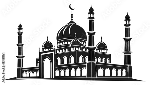 AdobIslamic Mosque with Minarets and Palm Trees – Black and White Vector Illustration