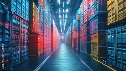 A vibrant warehouse filled with colorful shipping containers, illuminated by neon lights, creating a futuristic atmosphere