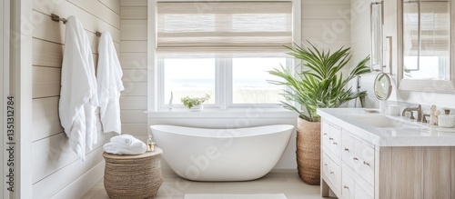 A coastal- bathroom, designed with the breezy spirit of a beach house. Light colors, natural textures, and soft light come together to create a serene, refreshing atmosphere.