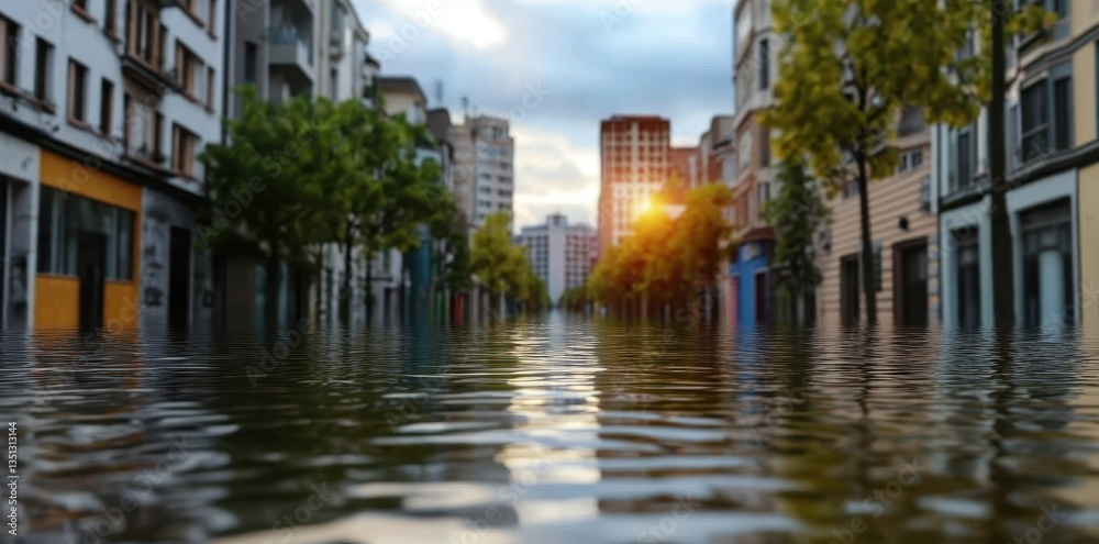 Fototapeta premium Flooded coastal cityscape showcasing submerged buildings and rising waters in a dramatic urban landscape.