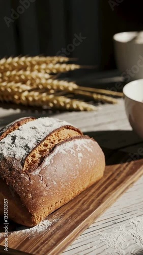 Golden artisan bread on rustic table with wheat stalks in warm sunlight