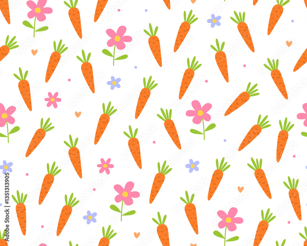 Cute childish seamless pattern, carrots and spring flowers on a white background. Easter day. Cute childish seamless pattern, carrots and spring flowers on a white background. Easter day.