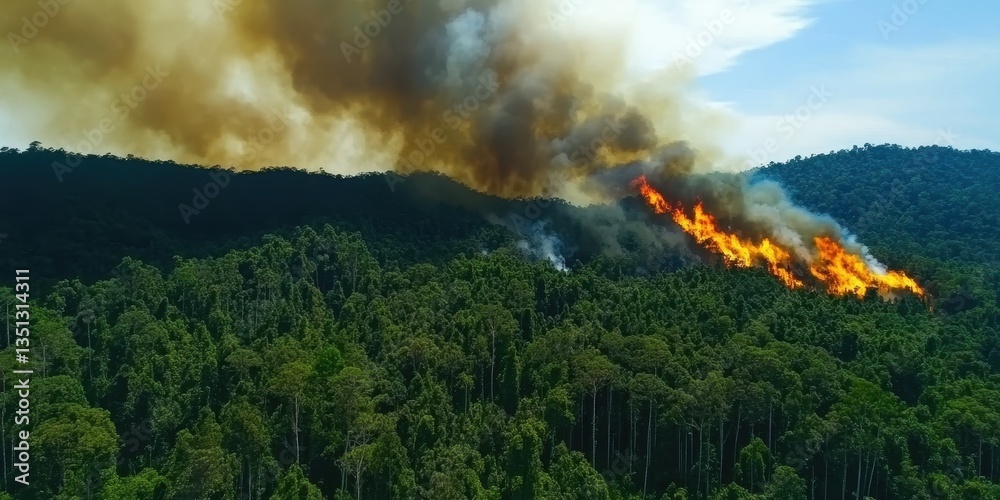 Fototapeta premium A forest on fire due to drought and climate change, highlighting the urgent need for environmental protection.