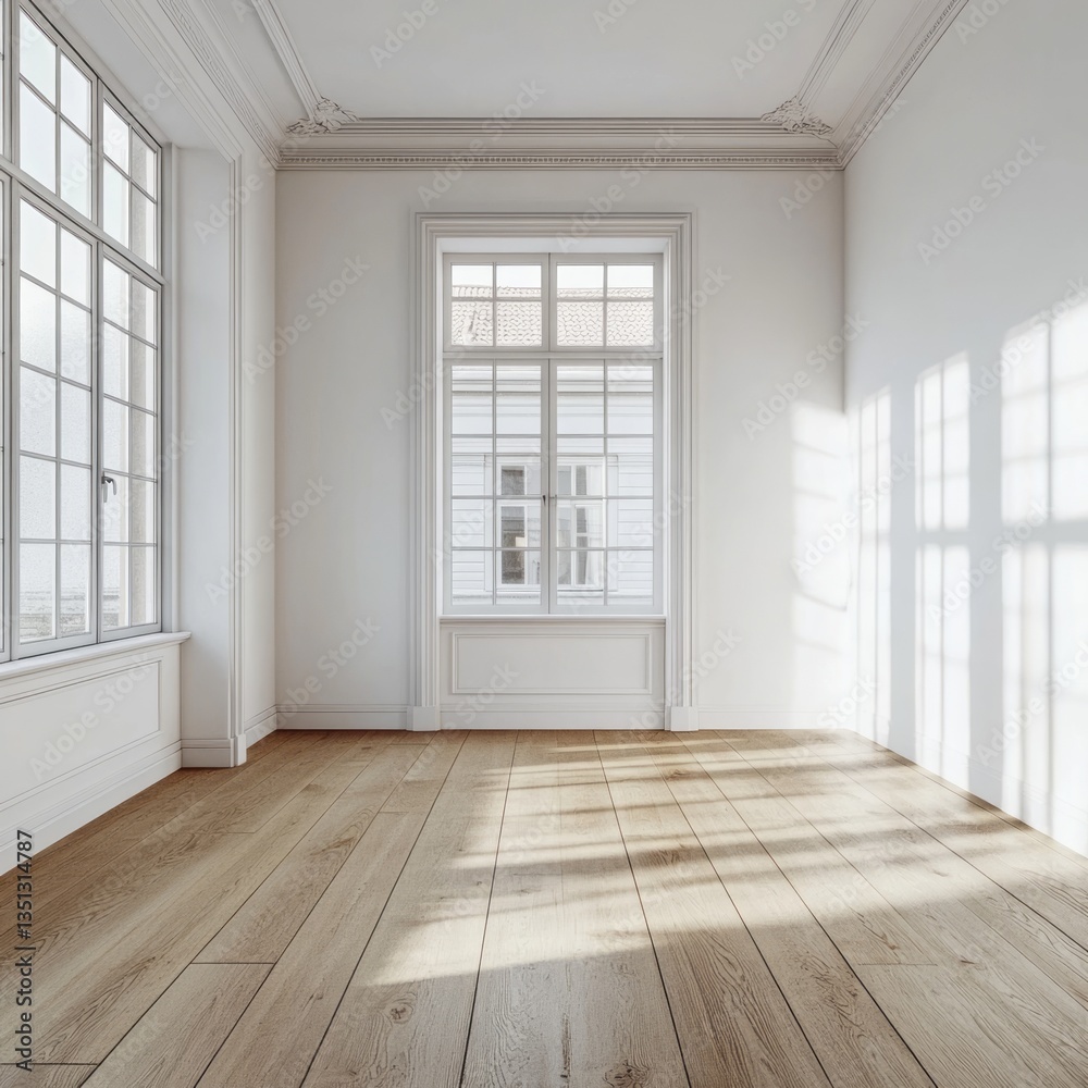 Bright and airy minimalist room with large windows and hardwood Bright and airy minimalist room with large windows and hardwood